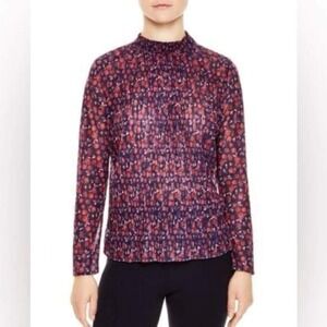 Sandro Top Womens 1 Small Blue Red Roso Pleated Floral Rose Mock Neck Blouse
